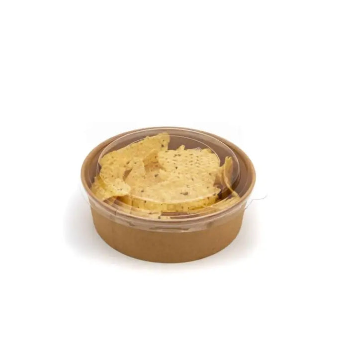 Round Kraft Food Container bowl with clear lid filled with light yellow chips or crackers