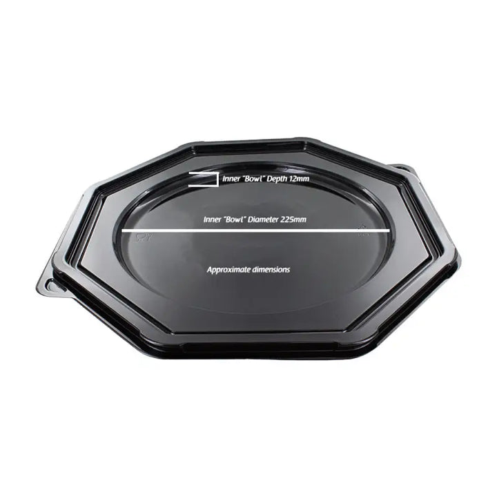 Octagonal black plastic serving tray with measurement markings for round octagonal sandwiches