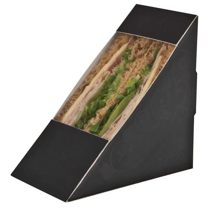 Black triangular container showcasing a delicious rear loading sandwich pack