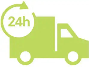 Simple green delivery truck icon with a 24h symbol above it.