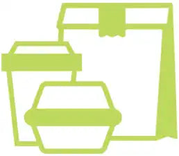 Simple lime-green icon showing takeout food containers and a coffee cup.