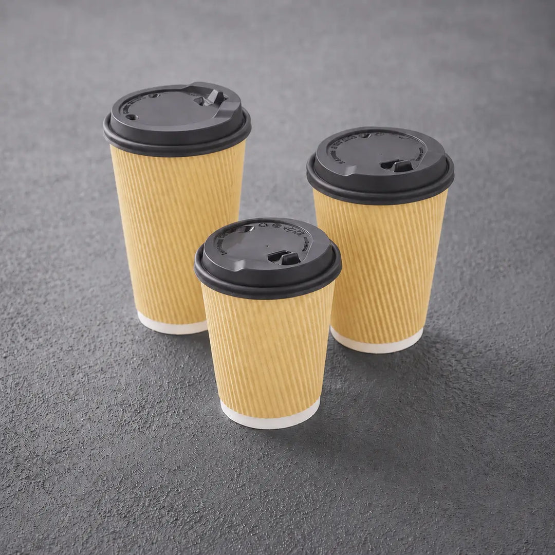 Three tan ribbed paper coffee cups with 80mm black reusable polypropylene hot drink lids for hot drink cups