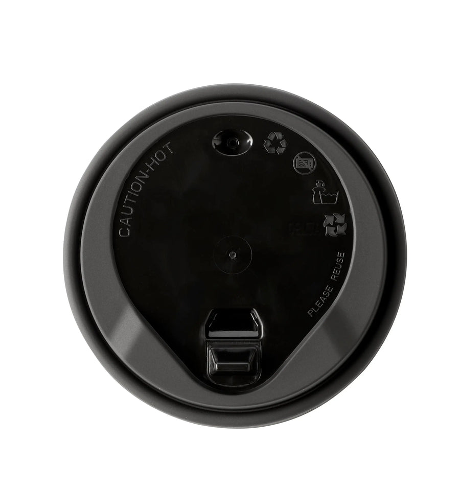 Small 80mm black reusable polypropylene tab lid with hinged opening and embossed safety warnings for hot drink cups