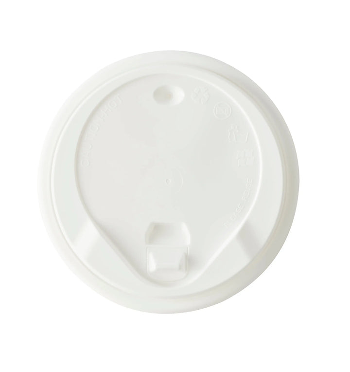Small 80mm white reusable polypropylene hot drink lid with central drinking hole and easy removal tab for hot drink cups