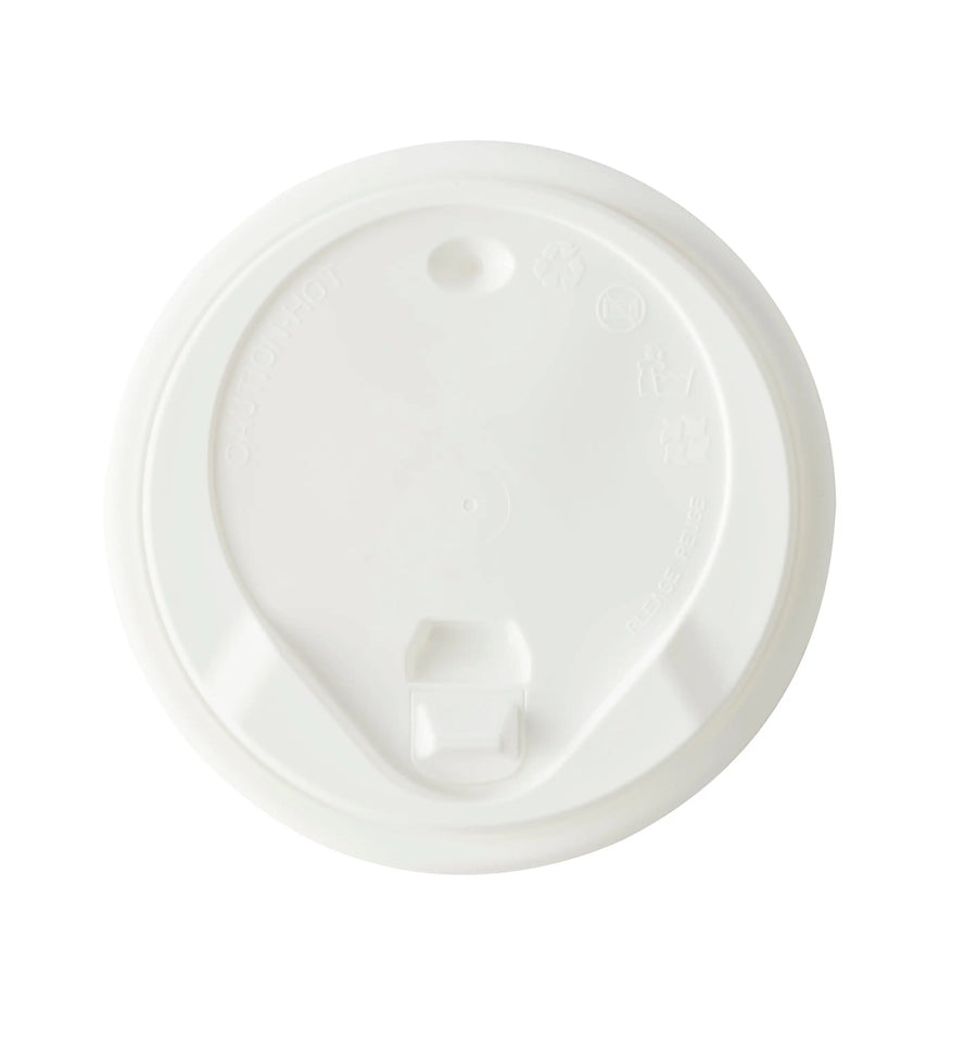 Small 80mm white reusable polypropylene hot drink lid with central drinking hole and easy removal tab for hot drink cups