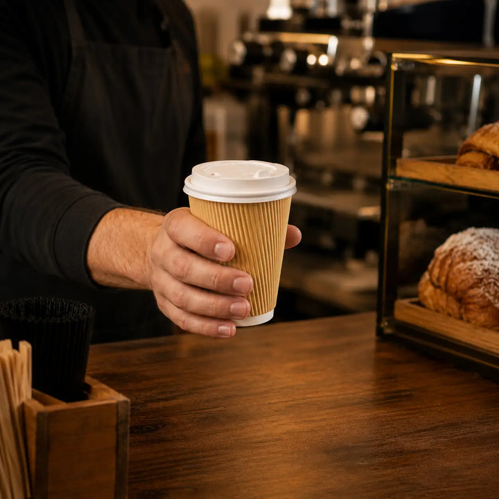 A brown ribbed paper coffee cup with an 80mm white reusable polypropylene hot drink lid