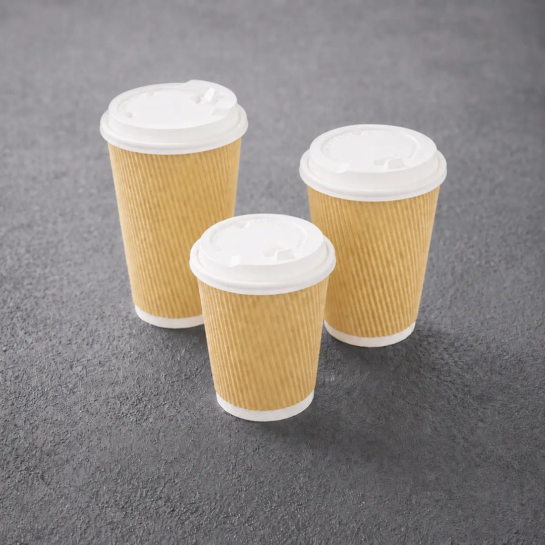 Three brown corrugated paper coffee cups with 80mm white reusable polypropylene hot drink lids