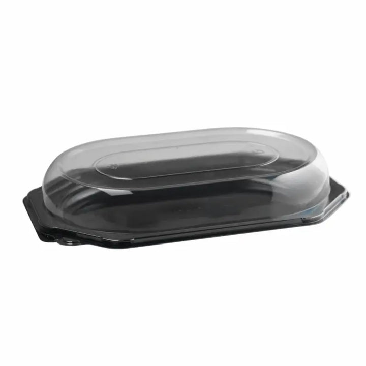 Clear plastic lid on a Small Octagonal Sandwich Platter for serving delicious meals