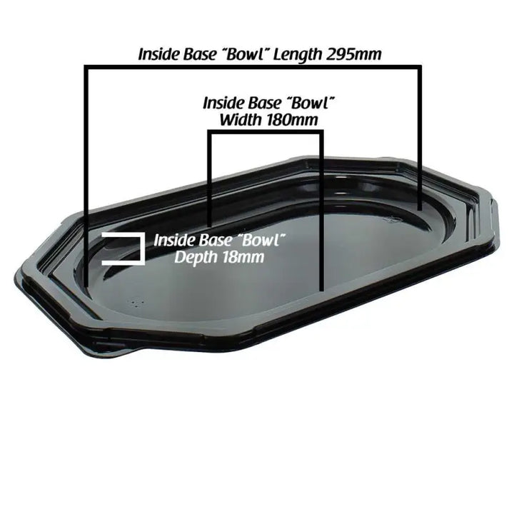 Black plastic serving tray with labeled dimensions for Small Octagonal Sandwich Platter