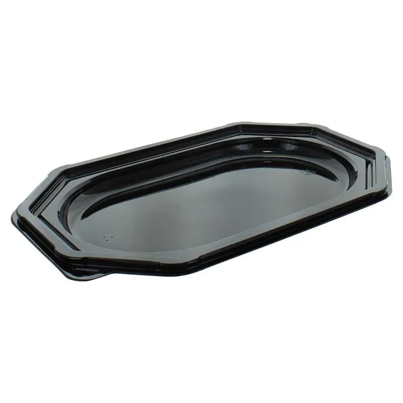 Black plastic small octagonal sandwich platter with lid and raised edges for serving