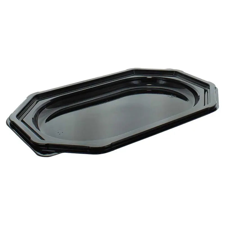 Black plastic small octagonal sandwich platter with lid and raised edges for serving