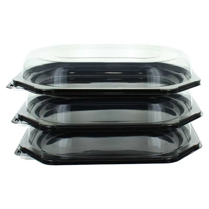 Stack of three black plastic food containers with clear lids for Small Octagonal Sandwich Platter