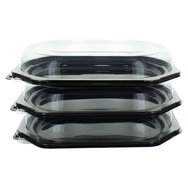 Stack of three black plastic food containers with clear lids for Small Octagonal Sandwich Platter