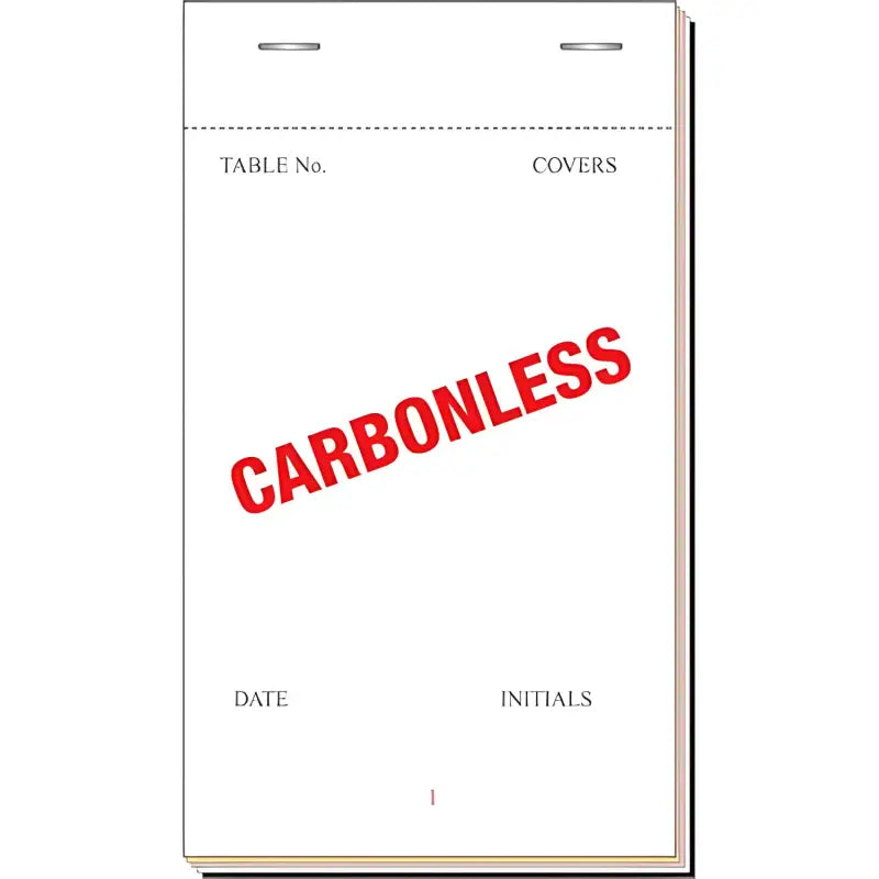 Carbonless triplicate check pad featuring Carbonless printed in red on the cover