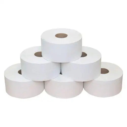 Stack of Cloud 9 Mini Jumbo Toilet Tissue Rolls in Bulk Pack Square for case quantity use