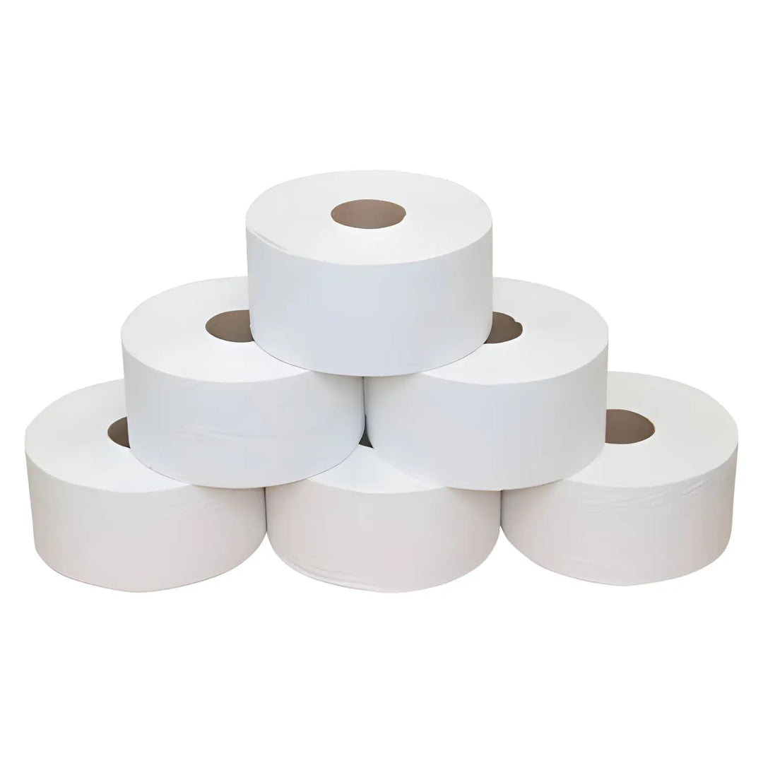 Stack of Cloud 9 Mini Jumbo Toilet Tissue Rolls in Bulk Pack Square for case quantity use