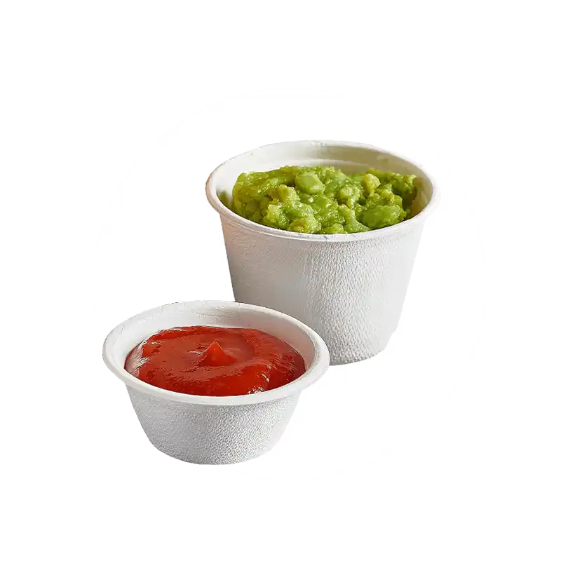 Two white containers holding guacamole and salsa.