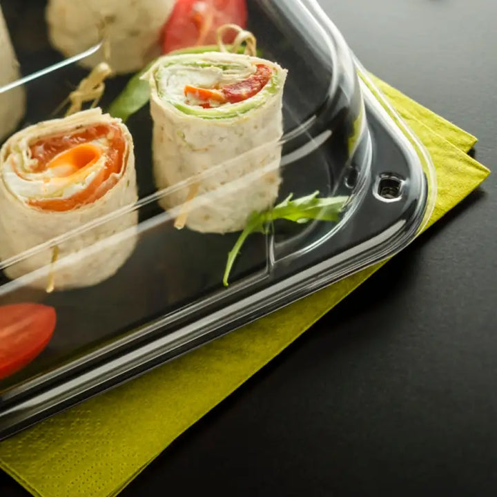 Ultimate large clear plastic tray with black handles, green napkin, unique press stud lid