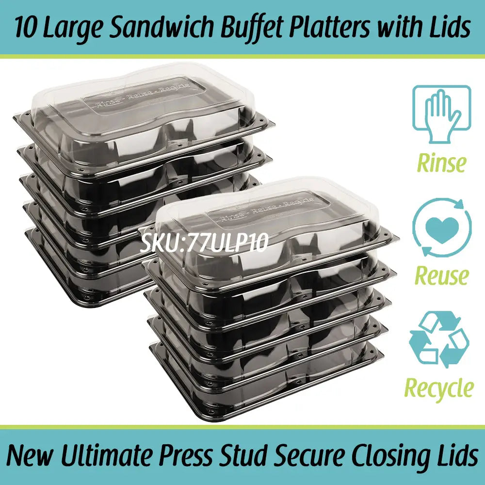 Black plastic ultimate large sandwich buffet platters with clear lids and unique press stud secure closing lids