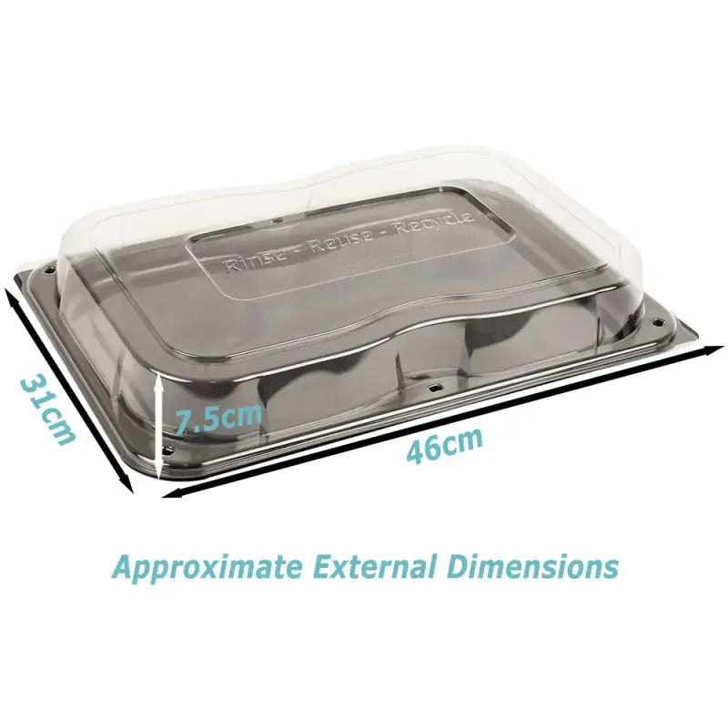 Clear plastic ultimate large sandwich platter base and lid with unique press stud secure closing lid and embossed rinse reuse recycle text