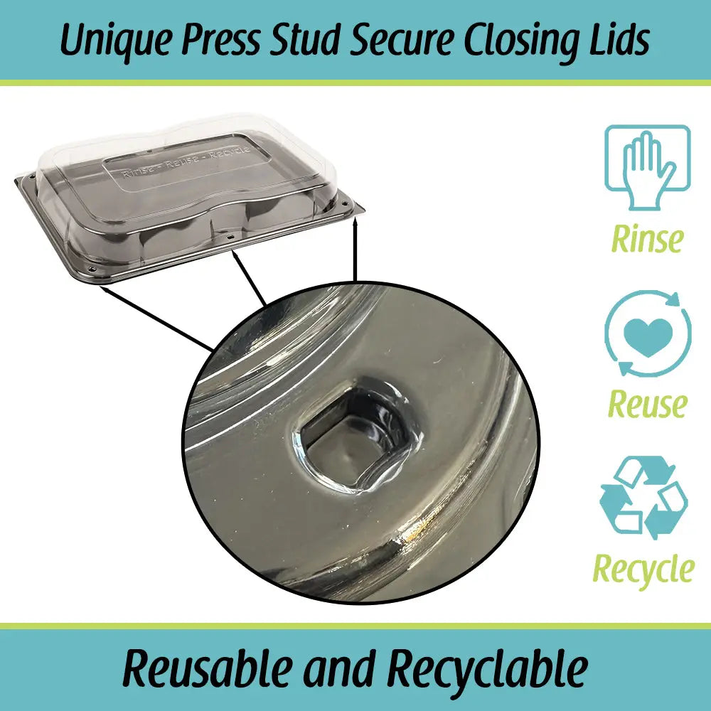 Clear plastic ultimate large sandwich platter base with shiny metallic unique press stud secure closing lid