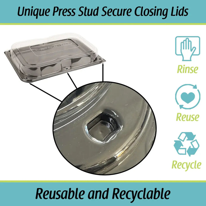 Clear plastic ultimate large sandwich platter base with shiny metallic unique press stud secure closing lid