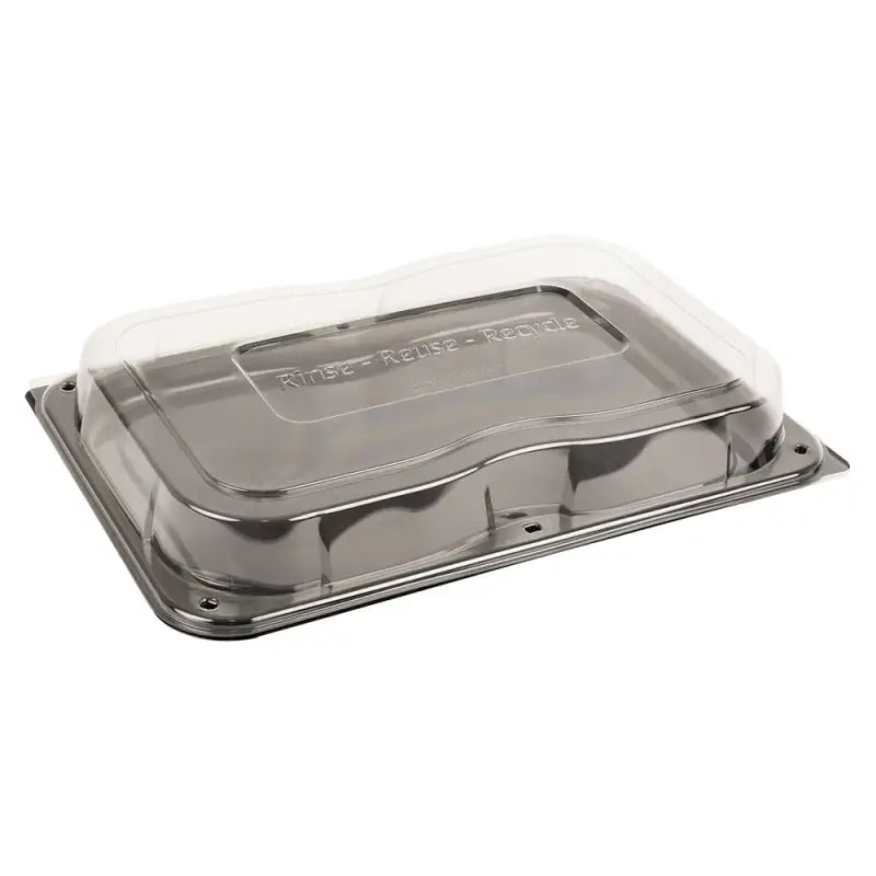 Clear plastic ultimate large sandwich platter base and lid with unique press stud secure closing lid and rinse reuse recycle text