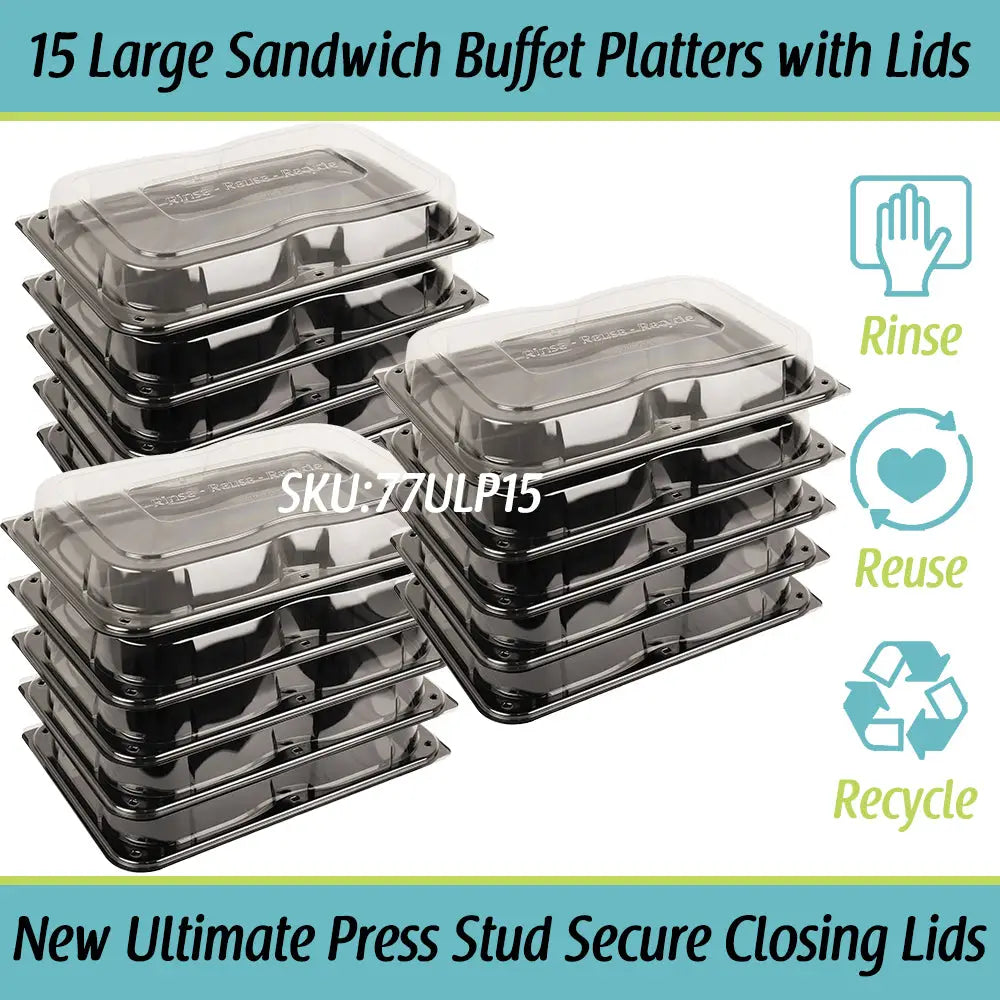 Black plastic ultimate large sandwich buffet platters with clear lids and unique press stud secure closing lids