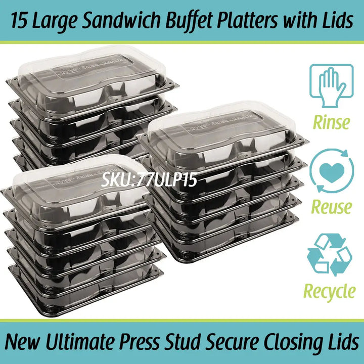 Black plastic ultimate large sandwich buffet platters with clear lids and unique press stud secure closing lids