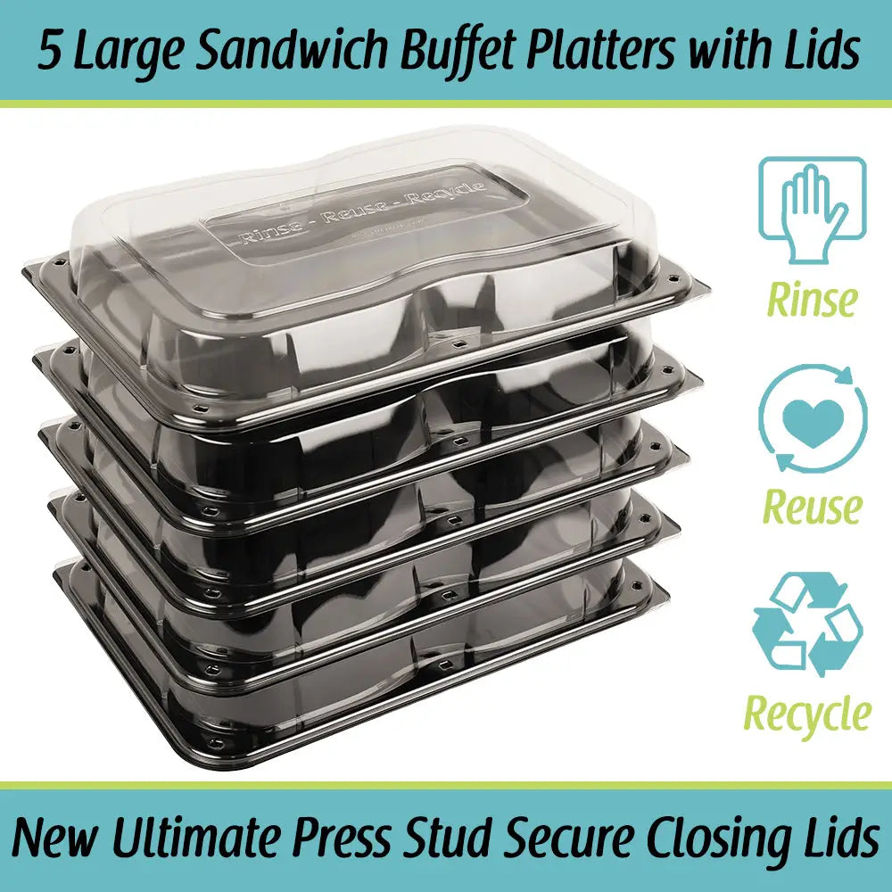 Stack of five ultimate large black plastic sandwich buffet platters with clear lids and unique press stud secure closing lids