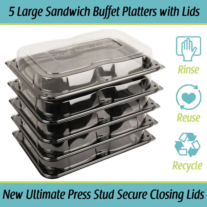 Stack of five ultimate large black plastic sandwich buffet platters with clear lids and unique press stud secure closing lids