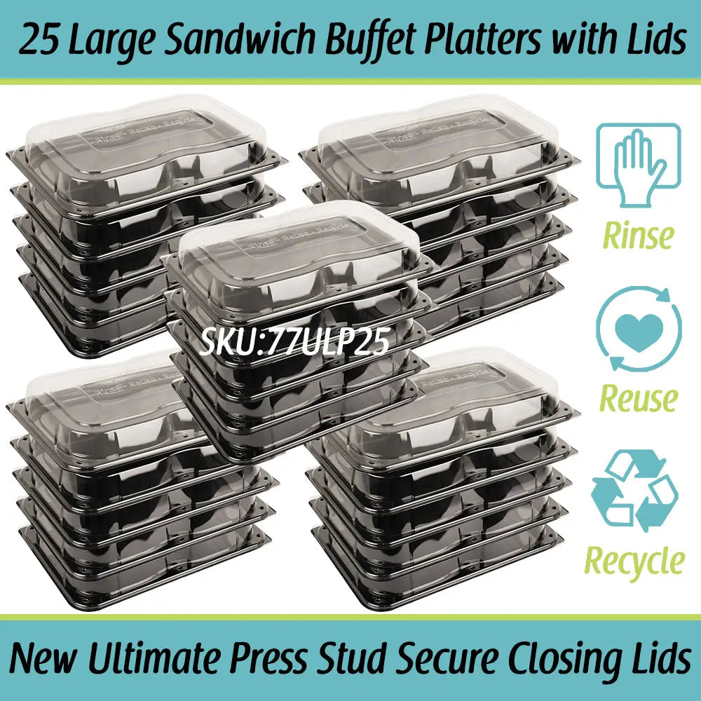 Ultimate large black plastic sandwich buffet platters with clear lids and unique press stud secure closing lids