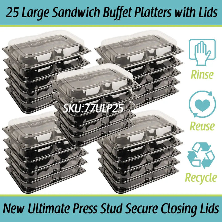 Ultimate large black plastic sandwich buffet platters with clear lids and unique press stud secure closing lids