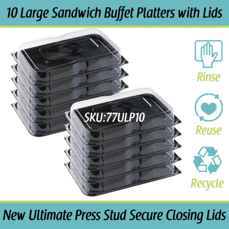 10-pack ultimate large black plastic sandwich platters with unique press stud lids