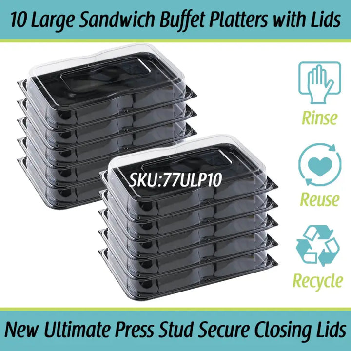 10-pack ultimate large black plastic sandwich platters with unique press stud lids