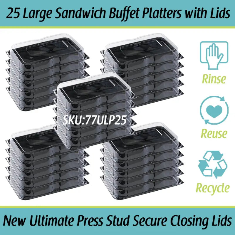 25-pack Ultimate Large Black Sandwich Platters with Unique Press Stud Lids