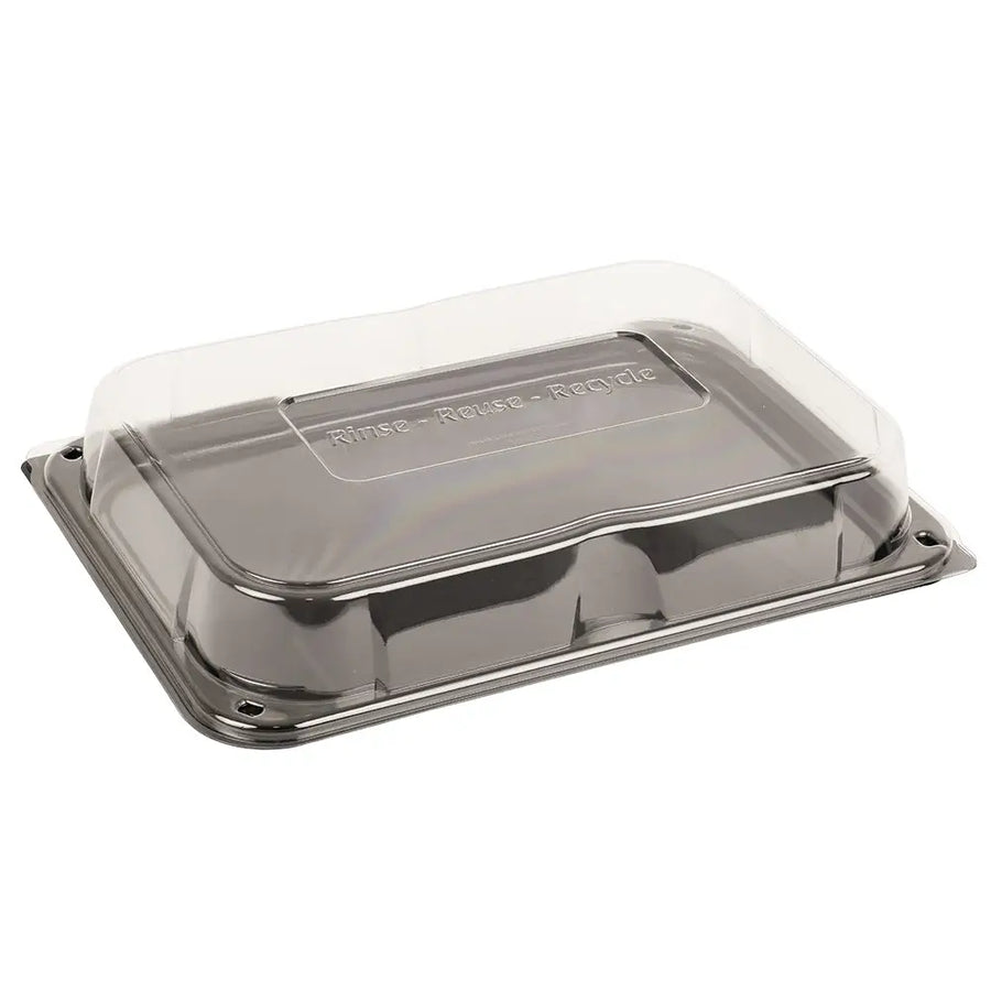 Clear plastic ultimate medium sandwich platter base and lid with unique press stud secure closing lid and embossed text