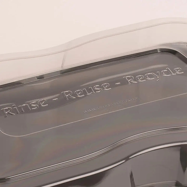 Clear plastic ultimate medium sandwich platter base and lid with unique press stud and rinse reuse recycle lid