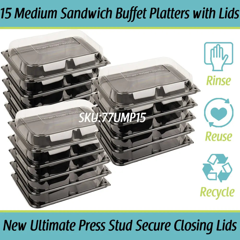 Black plastic ultimate medium sandwich buffet platters with clear lids featuring unique press stud secure closing lids