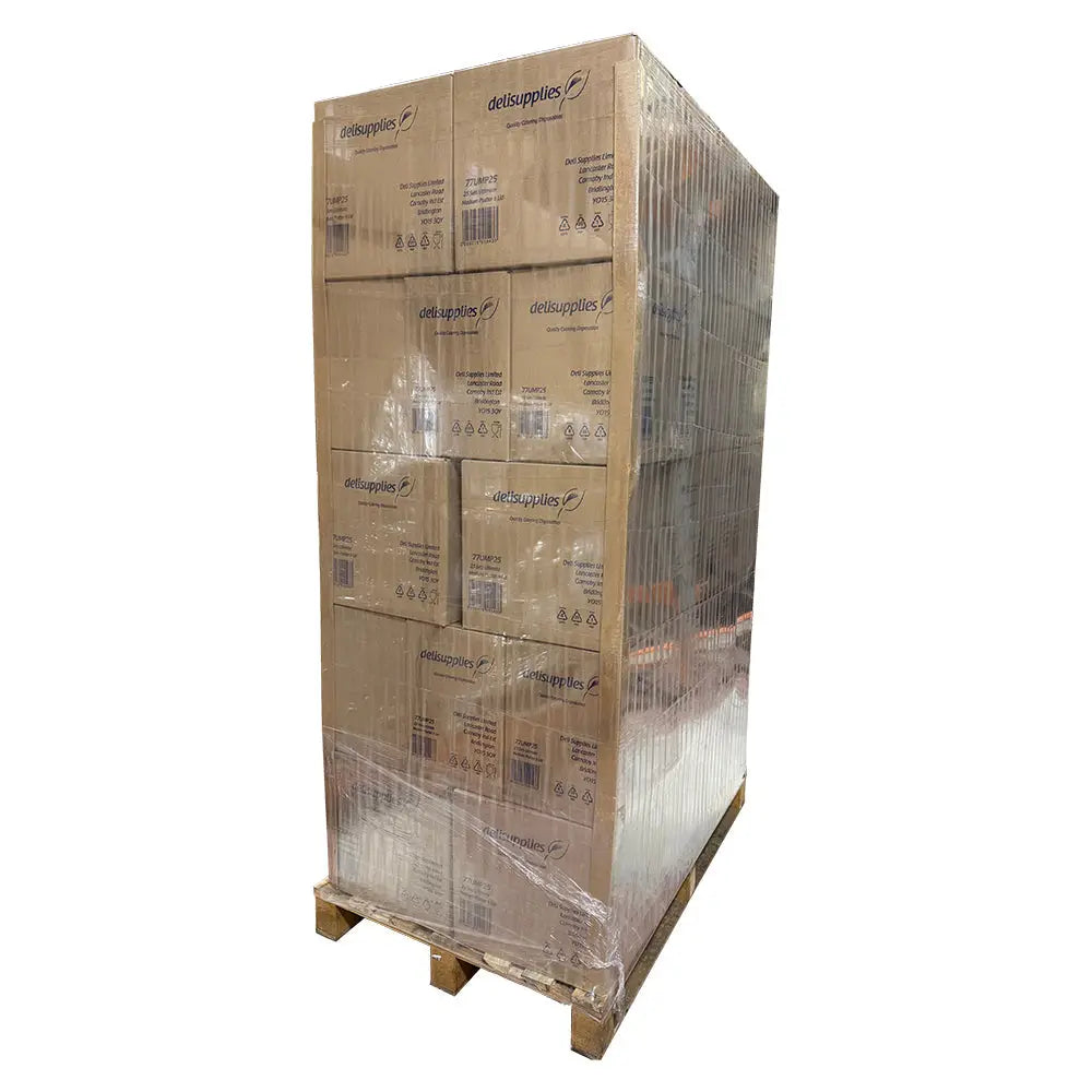 Stack of brown cardboard boxes with dellsupplies logo featuring ultimate medium sandwich platter base with unique press stud lid