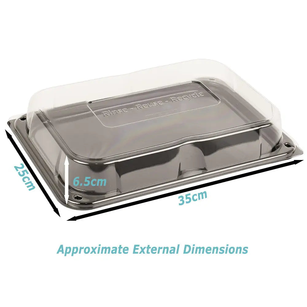 Ultimate medium sandwich platter base and lid with unique press stud secure closing lid in clear plastic and silver metal