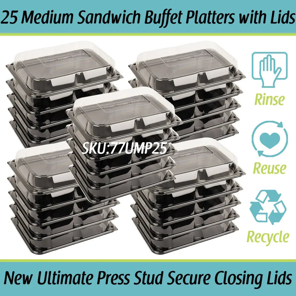 Black plastic ultimate medium sandwich buffet platters with unique press stud secure clear lids