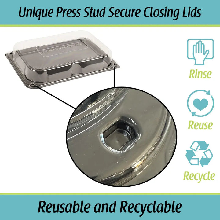 Stainless steel ultimate medium rectangular food container with clear lid and unique press stud secure closing mechanism