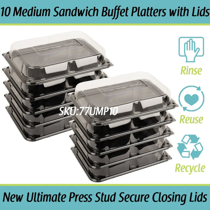 Black plastic ultimate medium sandwich buffet platters with clear lids and unique press stud secure closing lids