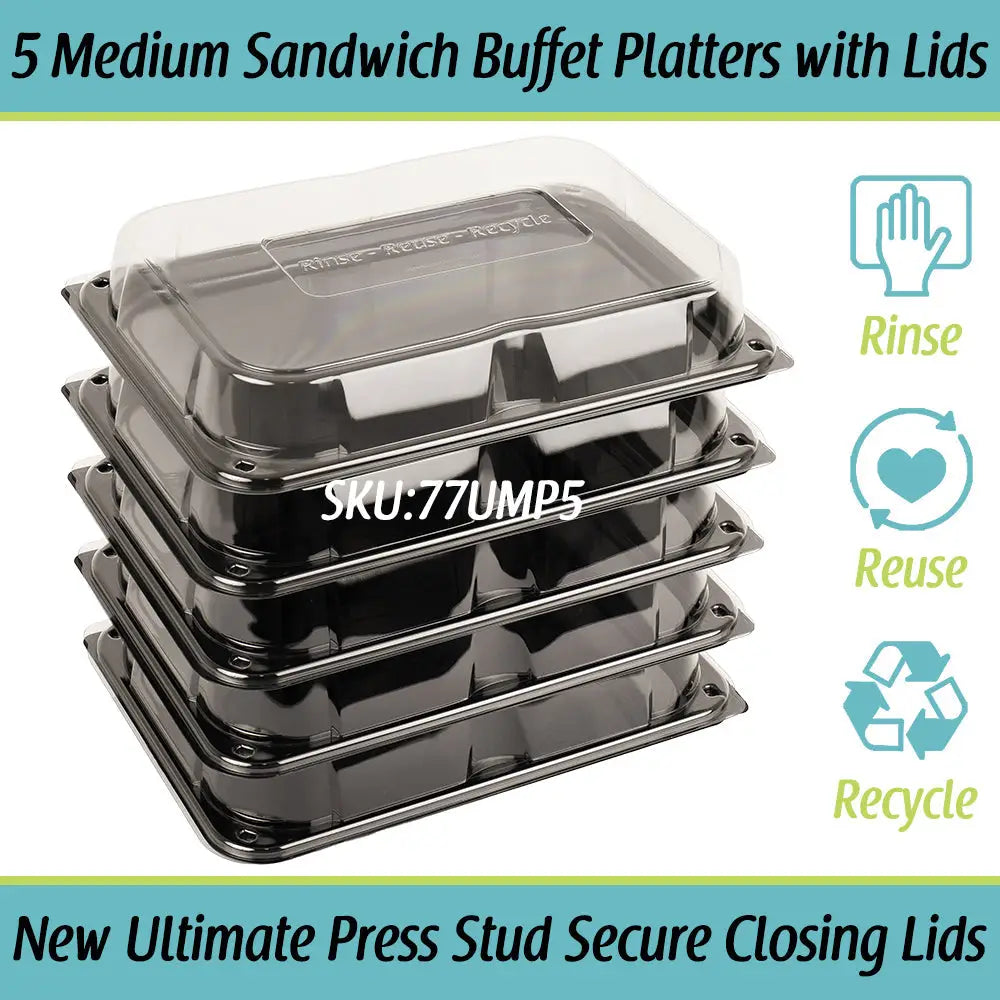 Stack of five black plastic ultimate medium sandwich platters with clear lids and unique press stud secure closing lids