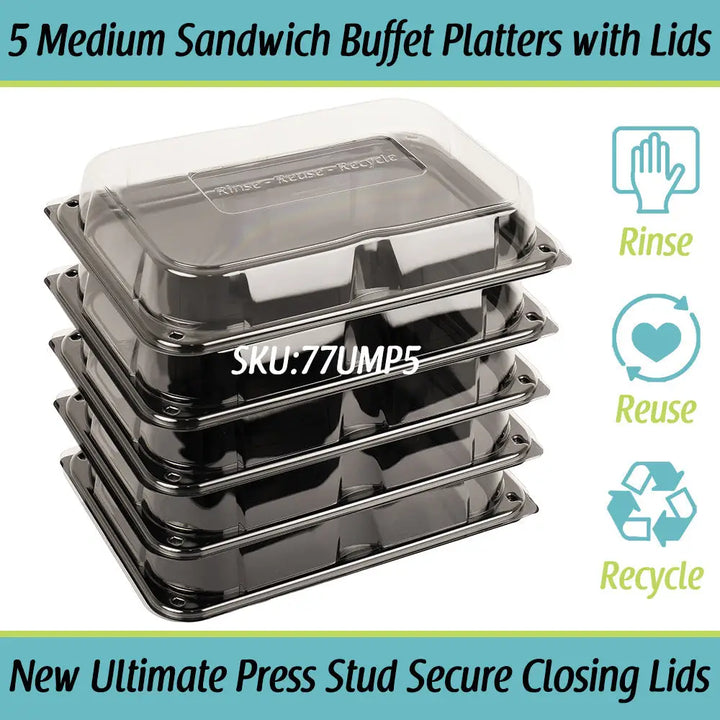 Stack of five black plastic ultimate medium sandwich platters with clear lids and unique press stud secure closing lids