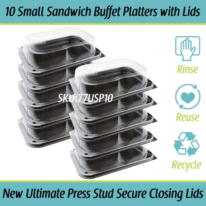 10-pack black Ultimate Small Sandwich Platter Bases with unique press stud lids