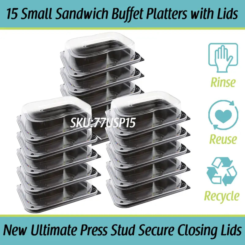 15 black plastic small sandwich platters with unique press stud lids