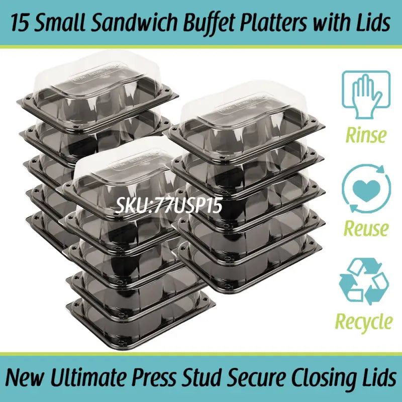 Black plastic ultimate small sandwich buffet platters with clear lids and unique press stud secure closing lids