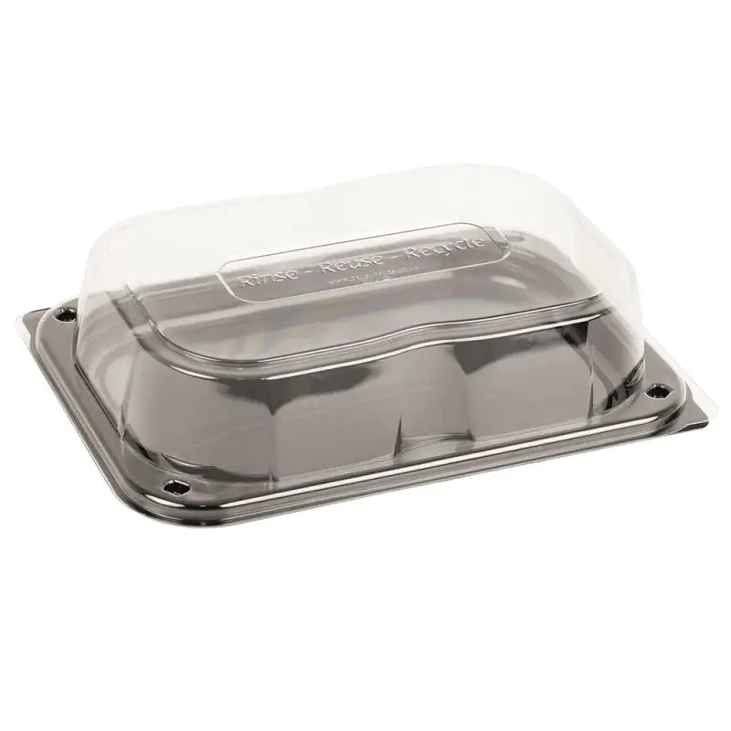 Clear plastic ultimate small sandwich platter with metallic base and unique press stud secure closing lid